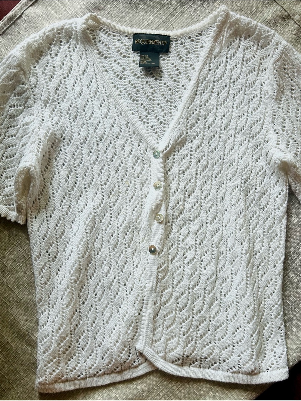 Requirements White Openwork V-Neck Short Sleeve Cardigan